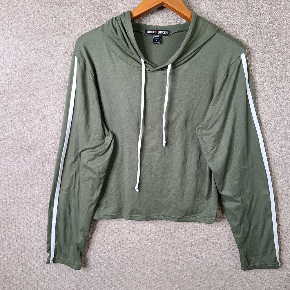 Roma Concept Hoodie Womens 3X Green Striped Cropped Polyester Long Sleeve Casual